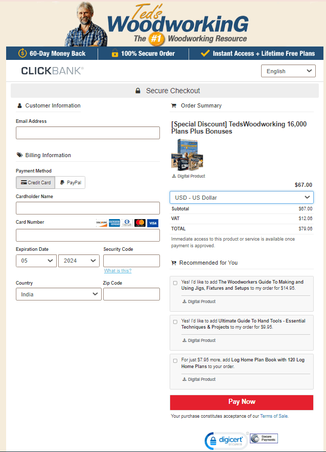 Ted's woodworking Checkout Page